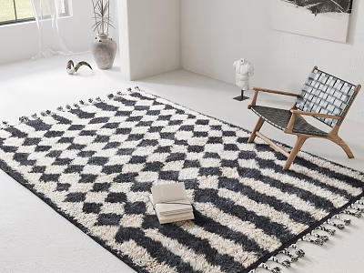 Elegant Lounge Chair With Wooden Frame Checkered Pattern On Black White Diamond Rug With Books 3d model