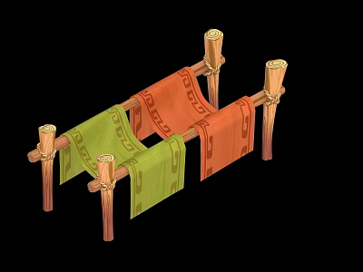 Handcrafted Wooden Tapestry Rack With Green And Orange Colored Fabrics 3d model