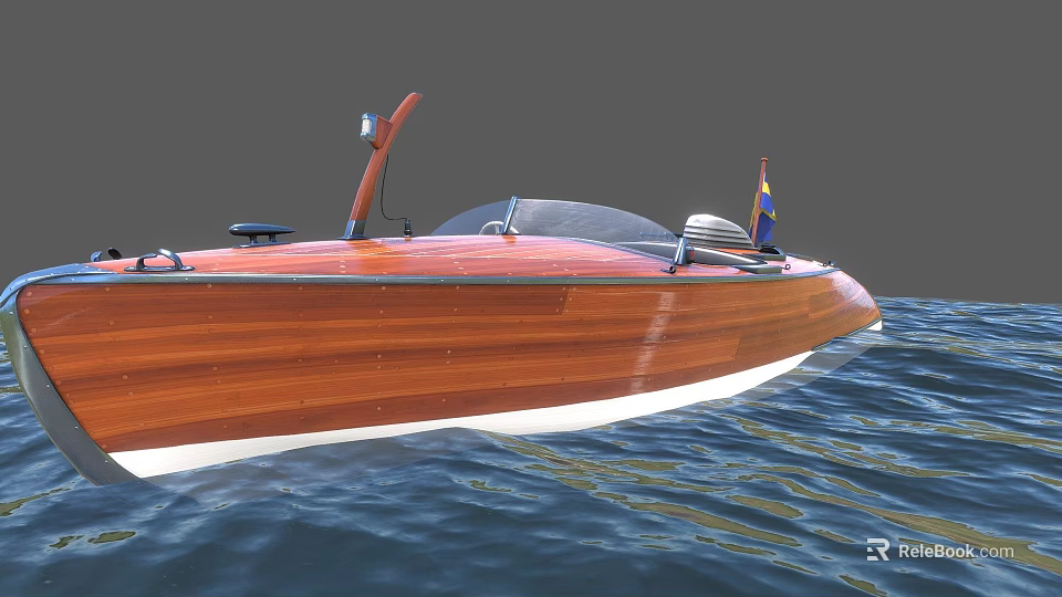Classic Wooden Yacht With Transparent Windshield And Flag Sailing On Water 3d model 