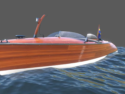 Classic Wooden Yacht With Transparent Windshield And Flag Sailing On Water 3d model