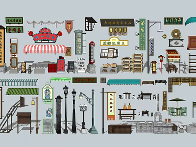 Vibrant Commercial Landscape With Traditional Shop Signs Street Facilities And Storefront Awnings 3d model