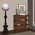 Warm Interior With Black Spherical Lamp Wooden Shelf Artwork And Decor Items