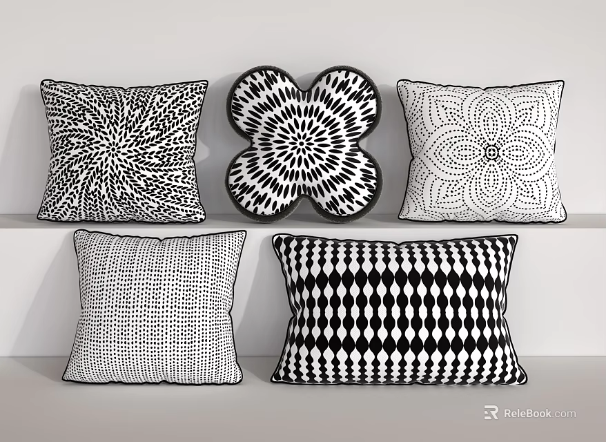 Black and White Decorative Pillows with Geometric Floral Mandala Patterns for Modern Sofa Decoration 3d model 