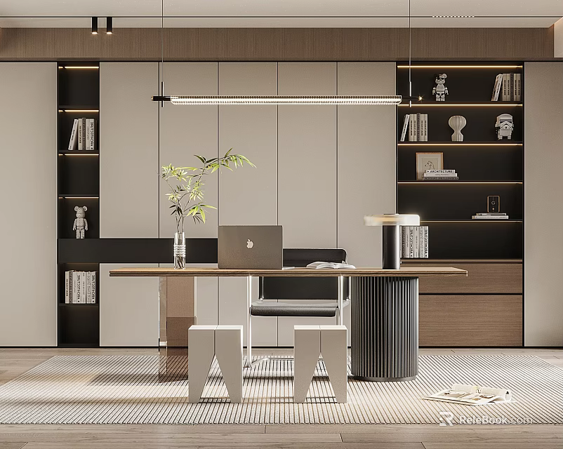 Modern Study Room Interior Design With Bookshelves Laptop Desk Potted Plant And Lighting 3d model 