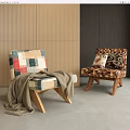 Colorful Patchwork and Patterned Lounge Chairs with Wooden Legs Blanket and Pillow