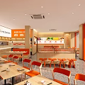 Casual Dining Restaurant Interior With Orange Seats Wooden Tables And Menu