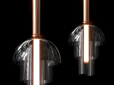 Modern Pendant Lights with Copper Poles Transparent Glass Shades and Illuminated Tubes 3d model