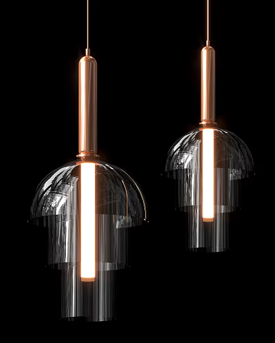 Modern Pendant Lights with Copper Poles Transparent Glass Shades and Illuminated Tubes 3d model