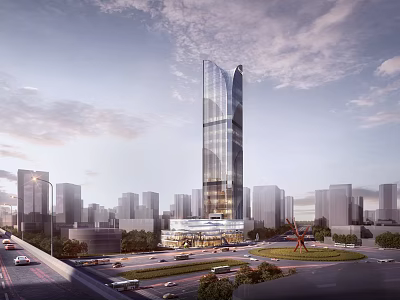 Modern Commercial Complex With Tall Glass Tower In Urban City Environment 3d model