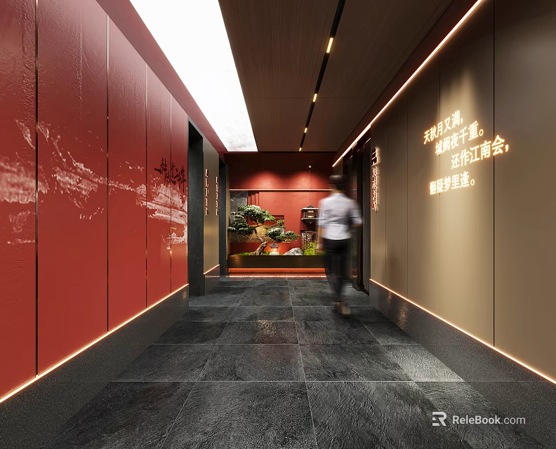 Elegant Hotel Corridor With Red Walls Gray Flooring Ambient Lighting Potted Plants And Person Walking 3d model 