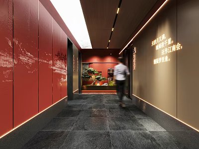 Elegant Hotel Corridor With Red Walls Gray Flooring Ambient Lighting Potted Plants And Person Walking 3d model