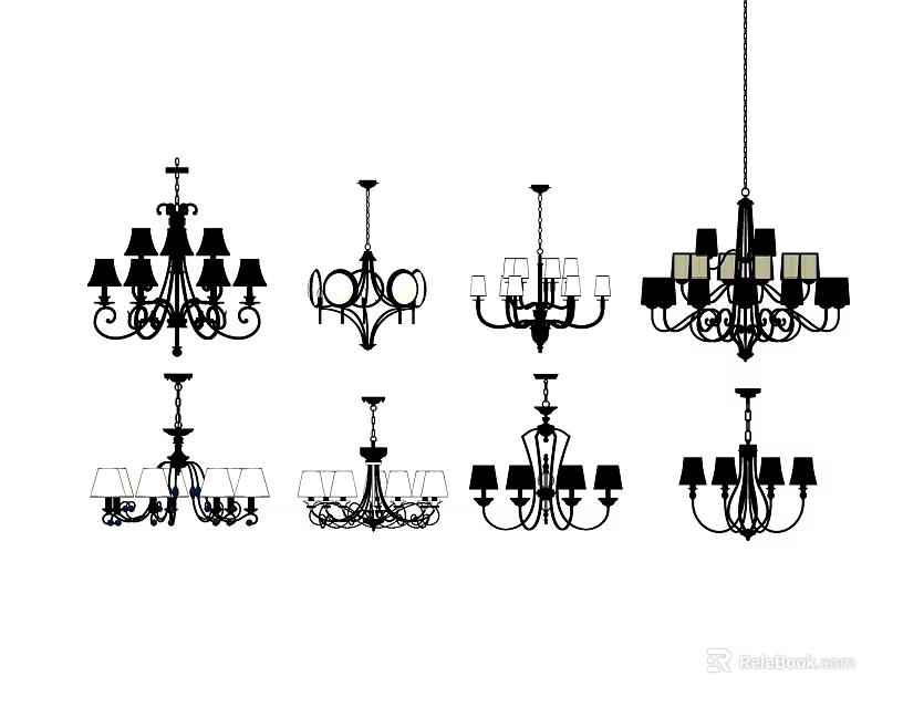 Various Black And White Chandelier Silhouettes With Different Design Styles 3d model