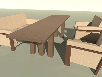 Modern Beige Fabric Sofa And Wooden Coffee Table Set With Accent Chairs 3d model