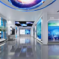 Modern Exhibition Hall With Digital Screens Industrial Images Circular Windows And Interactive Displays