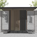 Modern Building Exterior Wall Featuring Gray Stone Surface Symmetric Lamps And Black Stripe Door