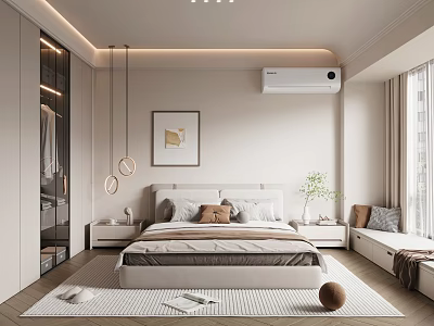 Modern Minimalist Bedroom Interior With Bed Pendant Lights Framed Artwork Bedside Tables And Window Bench 3d model