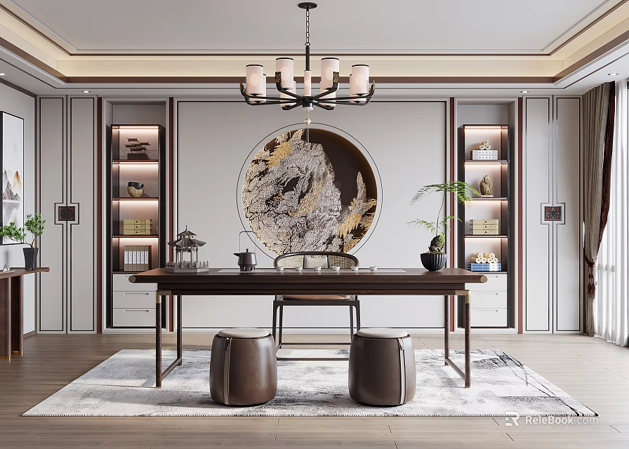 Traditional Chinese Study Room With Circular Decorative Painting Wooden Desk Bookshelves Chandelier Stools On Rug 3d model 