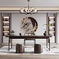 Traditional Chinese Study Room With Circular Decorative Painting Wooden Desk Bookshelves Chandelier Stools On Rug