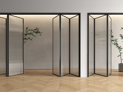 Modern Glass Folding Doors With Black Frames In Indoor Space Wooden Floor And Plant Decoration 3d model