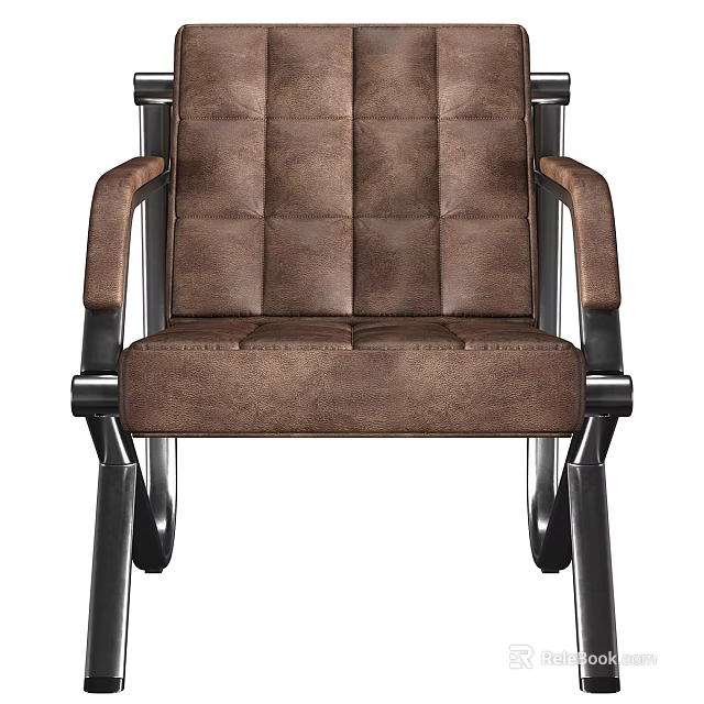 Modern Single Sofa With Brown Leather Upholstery Square Tufted Back And Metal Frame Armrests 3d model 