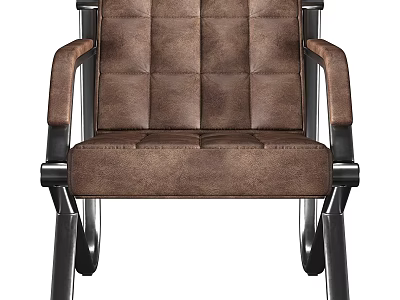 Modern Single Sofa With Brown Leather Upholstery Square Tufted Back And Metal Frame Armrests 3d model