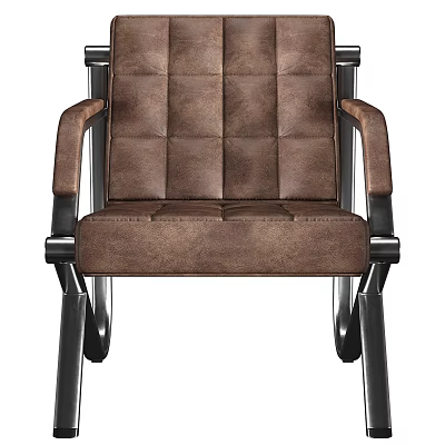 Modern Single Sofa With Brown Leather Upholstery Square Tufted Back And Metal Frame Armrests 3d model