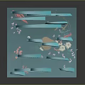 Cartoon Underwater Scene Inside Transparent Blue Cube With Pink Seaweed And Small Fish