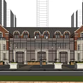 Charming Red Brick Commercial Street with Clock Tower Modern High Rise Coffee Shop Storefronts