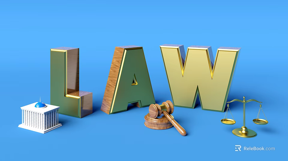 Golden Law Letters With Gavel Scale And Court Building Model On Blue Background 3d model 