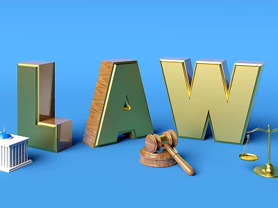 Golden Law Letters With Gavel Scale And Court Building Model On Blue Background 3d model