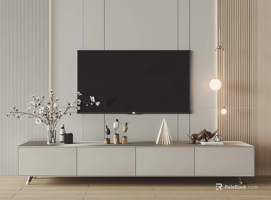 Modern Minimalist TV Stand With Flat Screen TV Decorative Vase And Lighting 3d model 