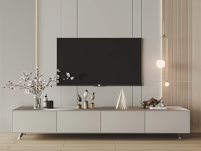 Modern Minimalist TV Stand With Flat Screen TV Decorative Vase And Lighting 3d model