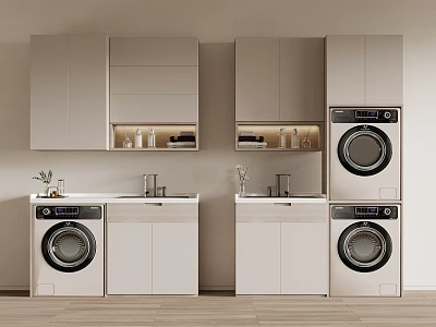Light Colored Bathroom Cabinetry With Washing Machine Dryer Storage Cabinets And Countertops 3d model