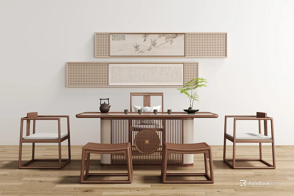 Traditional Chinese Wooden Tea Table Chairs And Stools With Tea Set And Decorative Paintings 3d model 