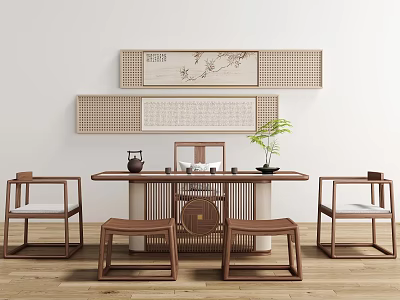 Traditional Chinese Wooden Tea Table Chairs And Stools With Tea Set And Decorative Paintings 3d model