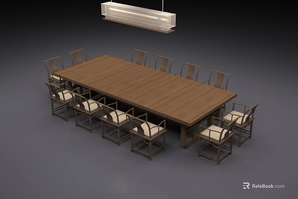 Wooden Conference Table With Multiple Chairs And Hanging Pendant Light 3d model 