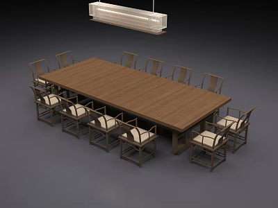 Wooden Conference Table With Multiple Chairs And Hanging Pendant Light 3d model