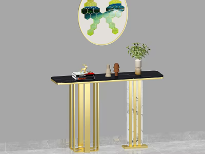 Modern Elegant Console Table With Black Top Golden Legs Green Plant And Decorative Painting 3d model