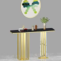 Modern Elegant Console Table With Black Top Golden Legs Green Plant And Decorative Painting