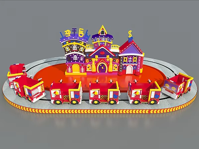 Colorful Castle Themed Amusement Ride With Circular Track And Small Trains 3d model