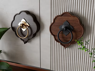 Traditional Floral Shaped Wooden Door Handles With Metal Rings For Interior Decoration 3d model