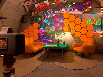 Indoor Artistic Landscape With Orange Sofas Hexagonal Wall Decor And Colorful Paintings 3d model