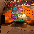 Indoor Artistic Landscape With Orange Sofas Hexagonal Wall Decor And Colorful Paintings