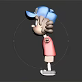 3D Cartoon Character In Blue Cap Red T-Shirt With Brown Curly Hair And Outstretched Arms