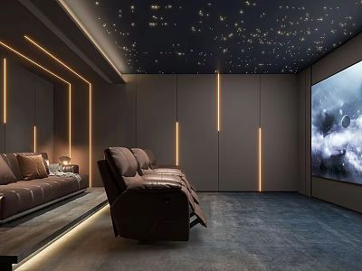 Home Theater With Starry Ceiling Leather Sofas LED Lights And Large Screen 3d model