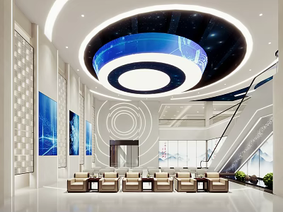 Modern Lobby Interior With Circular Ceiling Blue Ring Design White Walls And Seating 3d model
