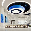 Modern Lobby Interior With Circular Ceiling Blue Ring Design White Walls And Seating 3d model