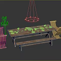 Wooden Dining Table Set with Chairs Bench Hanging Lamp Candle Holder and Tableware