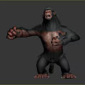 A fierce gorilla with black fur red belly and limbs standing against gray background