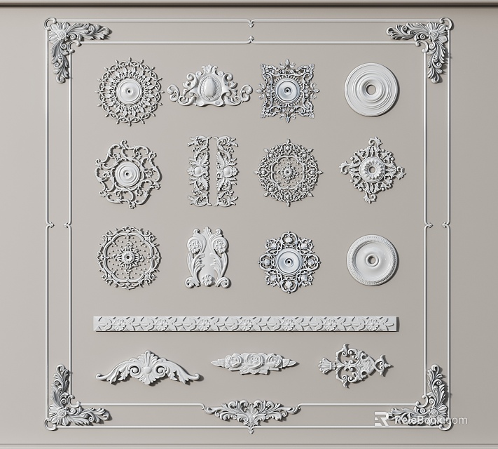Ornate Carved Decorative Patterns in Various Designs for Interior Architectural Decor 3d model 